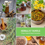 Collage of herbal images with a green banner indicating 'Herbalist Bundle' and '9 Non-Hybrid Seed Varieties'.