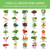 Chart of 30 heirloom vegetables, herbs, and fruits for an all-season home garden.