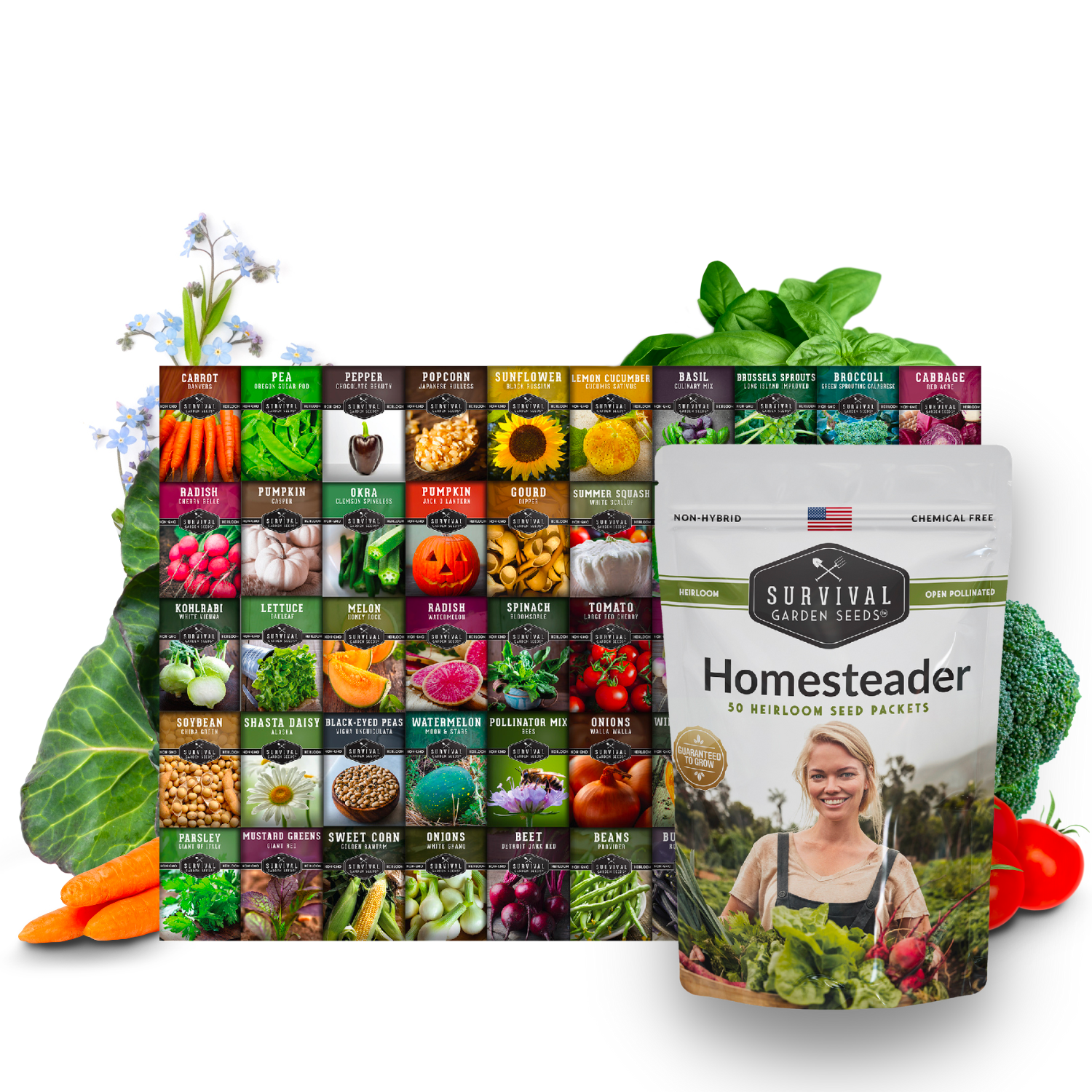 Larger pack of survival seeds - Homesteader collection 50 packs of heirloom seeds