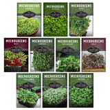 Collection of microgreens seed packs with images of the plants on a white background