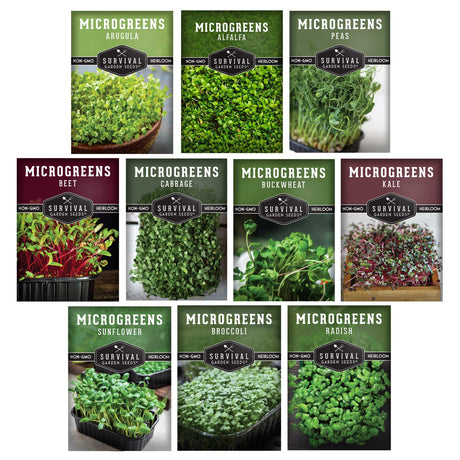 Collection of microgreens seed packs with images of the plants on a white background