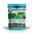 A stand-up pouch of Survival Garden Seeds Microgreens Seeds Heirloom Variety Pack, featuring a teal and white design with product details and photos of growing microgreens.