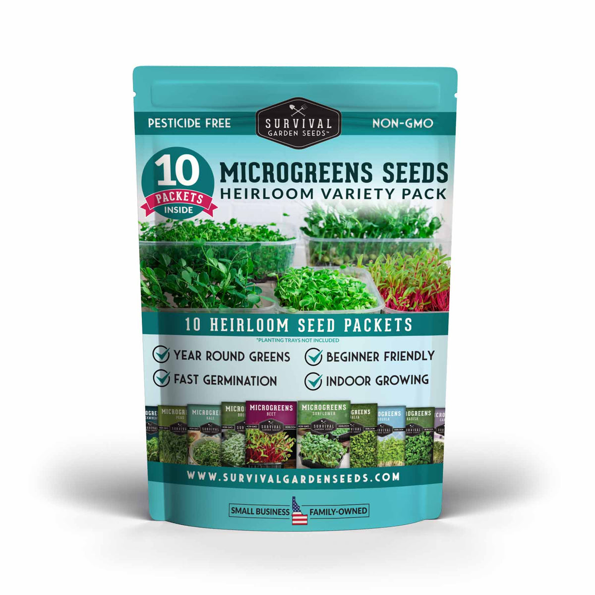 A stand-up pouch of Survival Garden Seeds Microgreens Seeds Heirloom Variety Pack, featuring a teal and white design with product details and photos of growing microgreens.