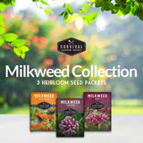 Survival Garden Seeds Milkweed Collection packaging with a garden background