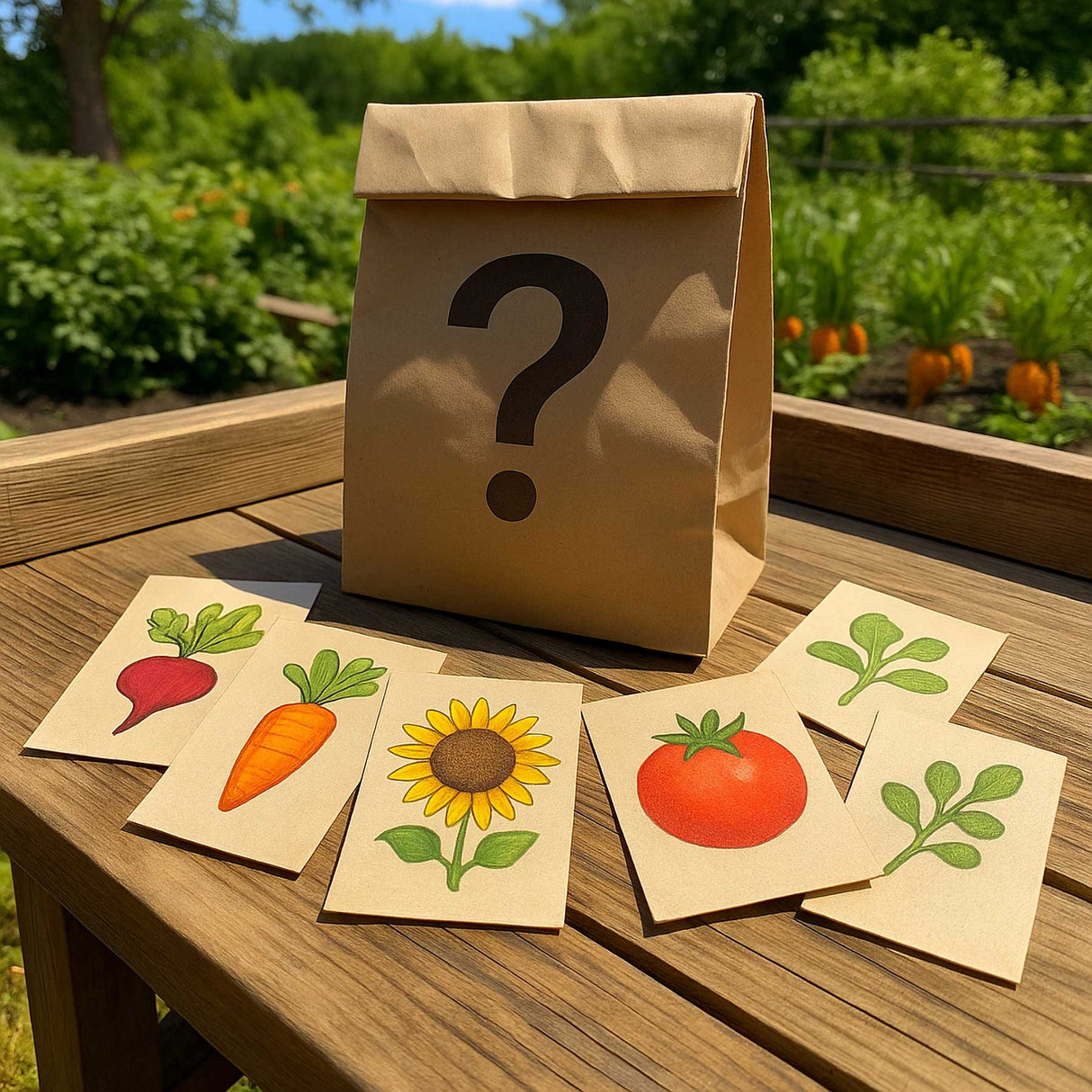 Brown paper bag with a question mark on a wooden table with vegetable-themed cards outdoors.