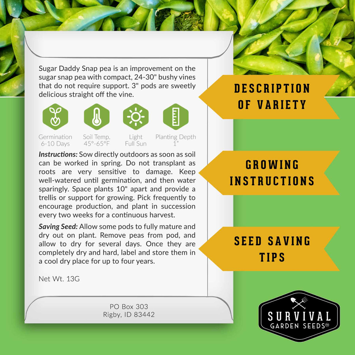 Sugar Daddy Snap Pea Seed Packet back with growing instructions