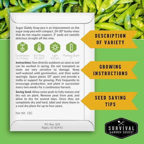 Sugar Daddy Snap Pea Seed Packet back with growing instructions