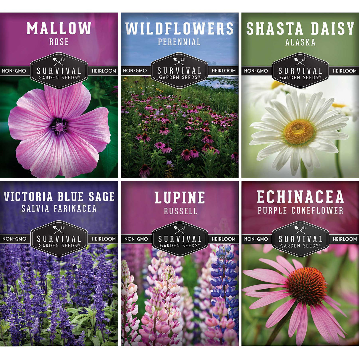 Collection of Survival Garden Seeds packages with various flowers and branding.