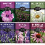 Collection of Survival Garden Seeds packages with various flowers and branding.