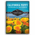 Survival Garden Seeds California Poppy seed packet with a field of yellow flowers on a blue background.