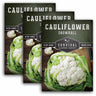 Three packages of Survival Garden Seeds Cauliflower Snowball on a white background