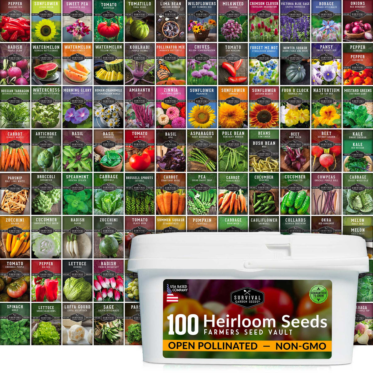 Collection of seed packets with a container labeled '100 Heirloom Seeds' on a colorful background.