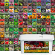 A white plastic tub of Sorival 100 Heirloom Seeds Farmers Seed Vault non-GMO open pollinated seeds, shown in front of a large grid of colorful seed variety photos.
