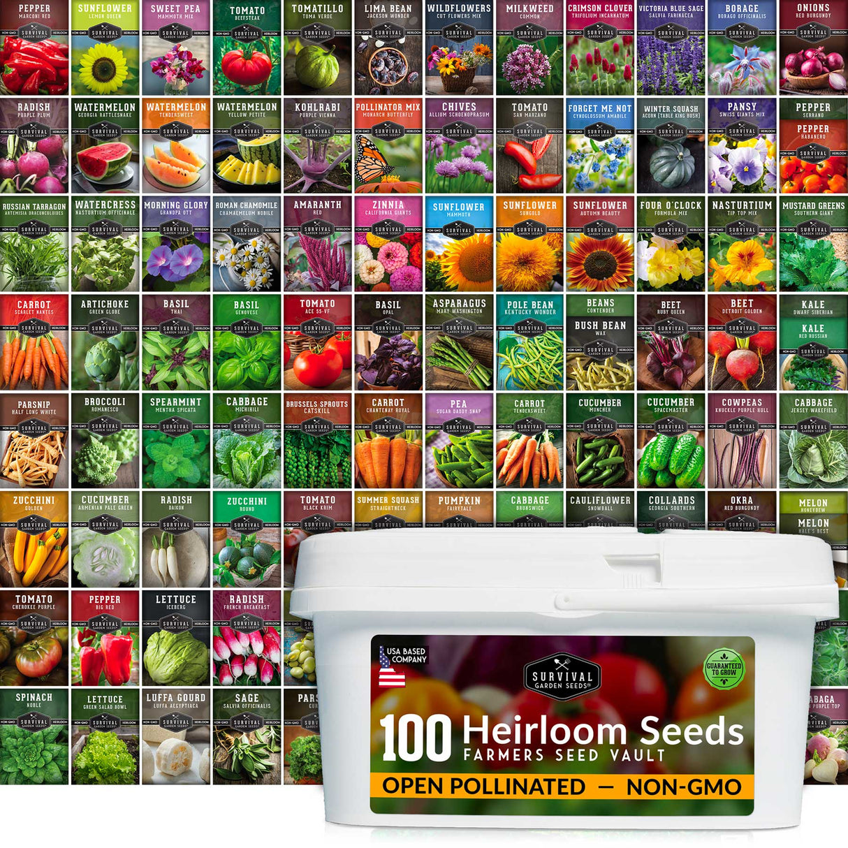 A white plastic tub of Sorival 100 Heirloom Seeds Farmers Seed Vault non-GMO open pollinated seeds, shown in front of a large grid of colorful seed variety photos.