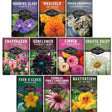 A 10-pack of Survival Garden Seeds hybrid tomato, cucumber, and flower seed mixes, featuring colorful seed packet designs with images of various flowers and vegetables.