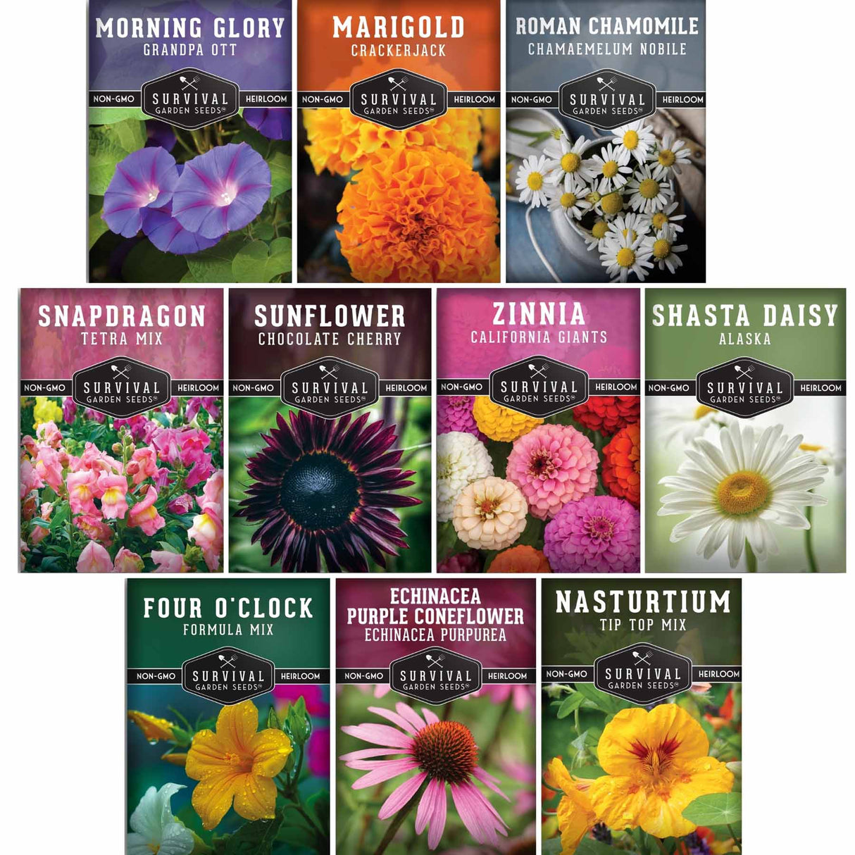A 10-pack of Survival Garden Seeds hybrid tomato, cucumber, and flower seed mixes, featuring colorful seed packet designs with images of various flowers and vegetables.