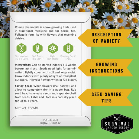 Survival Garden Seeds packaging with Roman chamomile information and daisies in the background