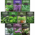 A grid of seed packet illustrations for herb garden seeds, including Parsley, Lavender, Marjoram, Oregano, Basil, Dill, Cilantro, Thyme, Chives, and Sage. Each packet shows a different herb photo with the herb name, variety, and Survival Garden Seeds branding.