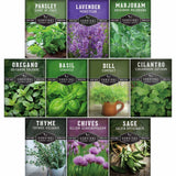 A grid of seed packet illustrations for herb garden seeds, including Parsley, Lavender, Marjoram, Oregano, Basil, Dill, Cilantro, Thyme, Chives, and Sage. Each packet shows a different herb photo with the herb name, variety, and Survival Garden Seeds branding.