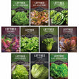 Collection of lettuce seed packets with various types of lettuce on a white background