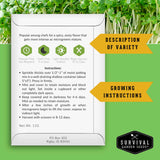 Survival Garden Seeds packaging with growing instructions and variety description on a green background