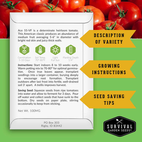 Survival Garden Seeds Ace 55-VF tomato seed packet with tomato images and text.