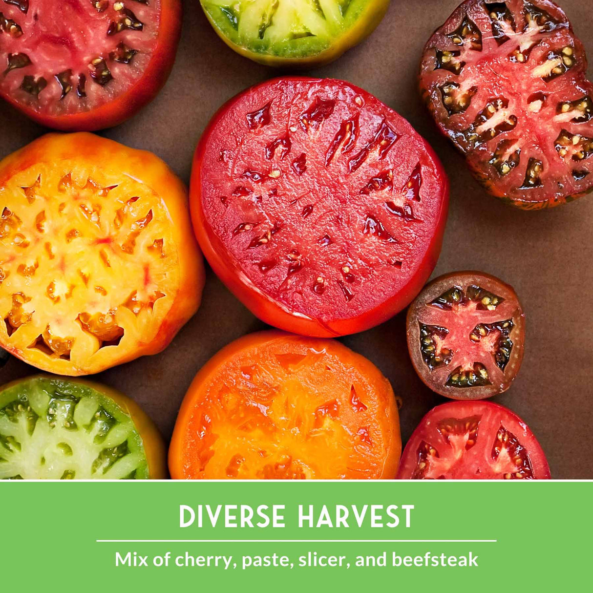 Assorted sliced tomatoes including cherry, paste, slicer, and beefsteak on a brown background with 'Diverse Harvest' text.