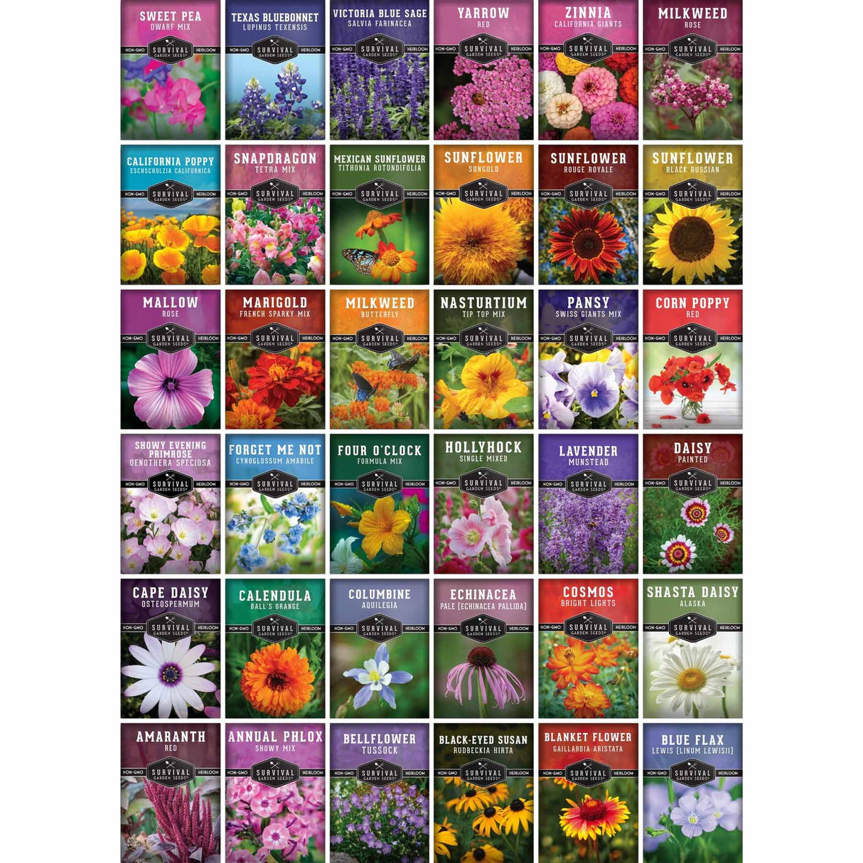 A grid of 36 individual seed packet covers arranged in six columns and six rows, featuring a wide variety of flowering plants such as sunflowers, daisies, lavender, and cosmos. Each packet has a colorful photograph of the flower and the brand name 'Landsmark' visible on the black banner at the bottom.