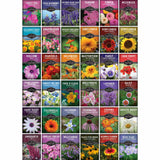 A grid of 36 individual seed packet covers arranged in six columns and six rows, featuring a wide variety of flowering plants such as sunflowers, daisies, lavender, and cosmos. Each packet has a colorful photograph of the flower and the brand name 'Landsmark' visible on the black banner at the bottom.