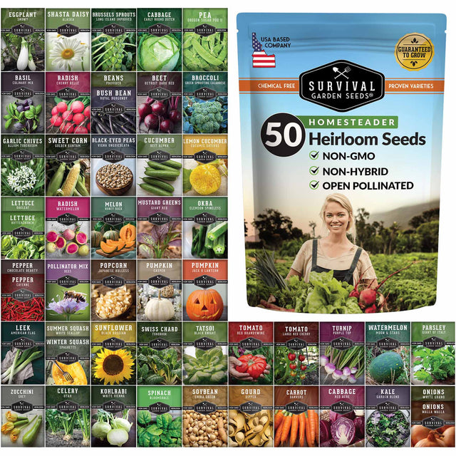 A bag of Survival Garden Seeds 50 Heirloom Seeds shown next to a large grid of individual vegetable seed varieties. The bag is light blue with a photo of a woman holding vegetables and features a 'Guaranteed to Grow' badge.