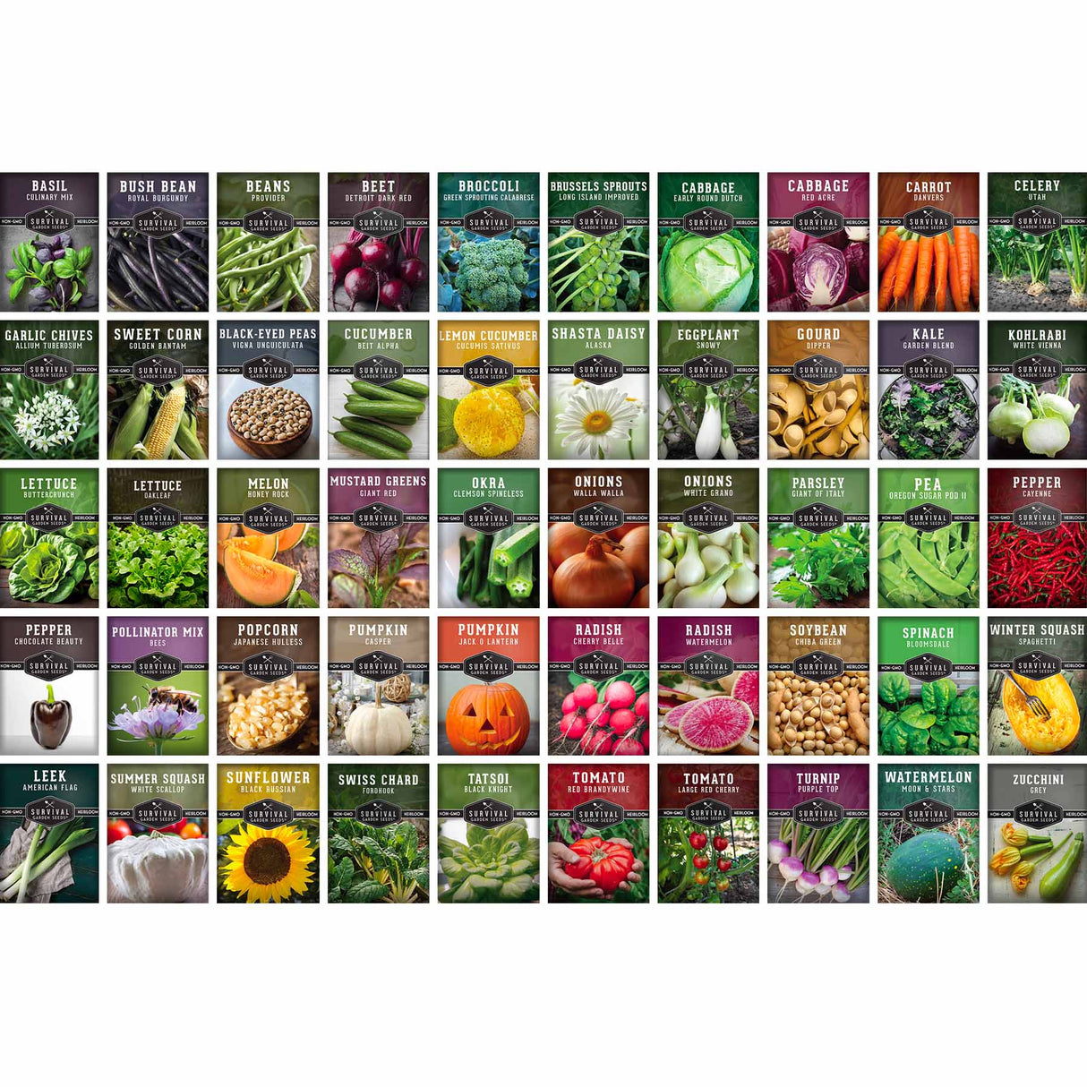 Grid of seed packets with various vegetables and plants on a white background