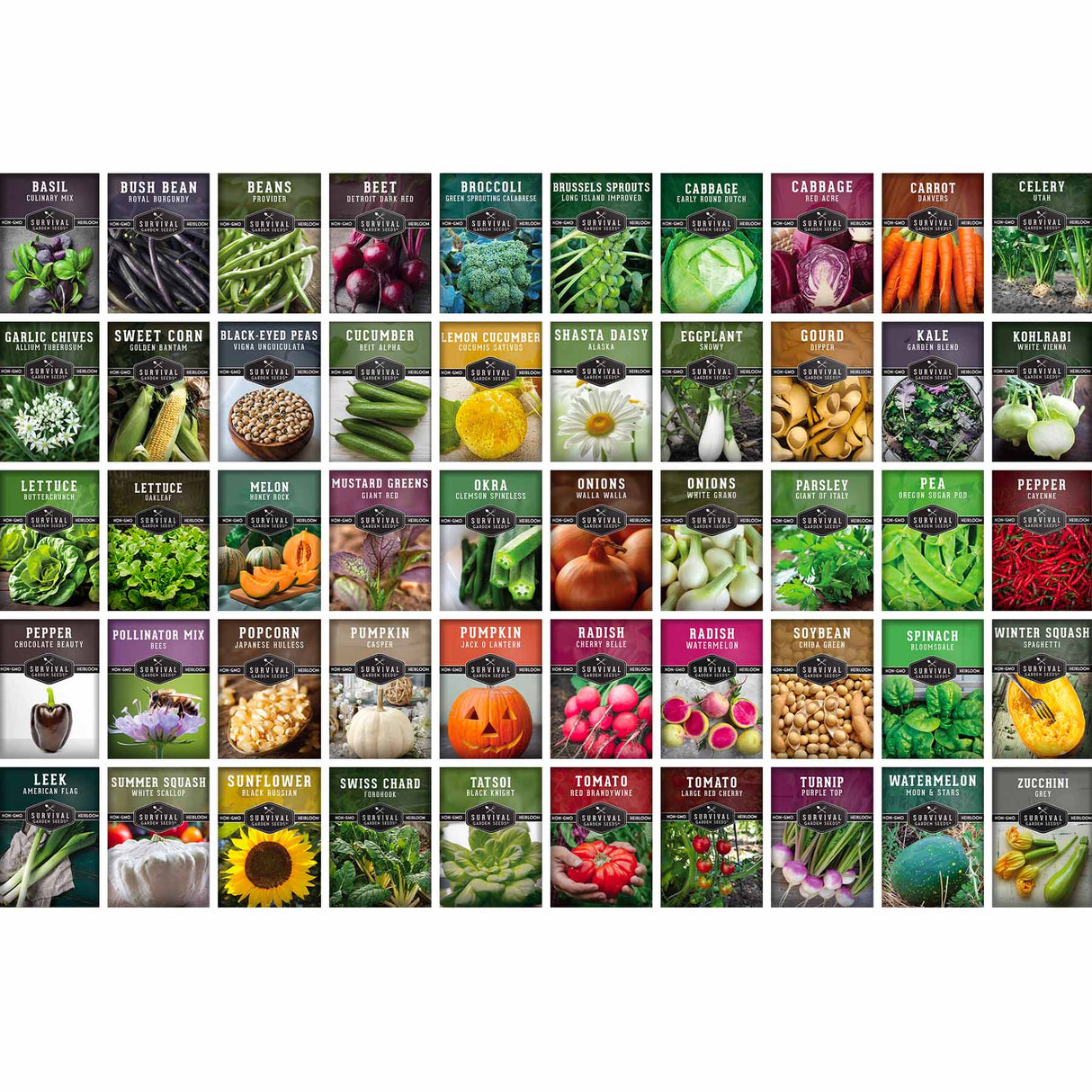 A grid of many seed packet illustrations labeled with vegetables and grains, including basil, beans, broccoli, carrots, lettuce, peas, tomatoes, sunflower, and pumpkin. This is not a clean single-product shot and not a lifestyle scene; it functions as a color/material/variety reference image, so Color Swatch is the best fit.