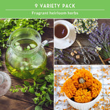 Collage of fragrant heirloom herbs including a teapot with green liquid, a cup of tea with lavender, and marigold flowers.
