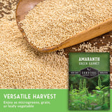 Amaranth seeds in a wooden scoop with a seed packet labeled 'Survival Garden Seeds' on a textured background.
