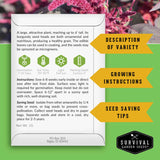Seed packet with growing instructions and survival garden seeds logo on a green background