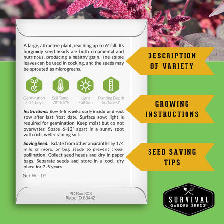 Seed packet with growing instructions and survival garden seeds logo on a green background