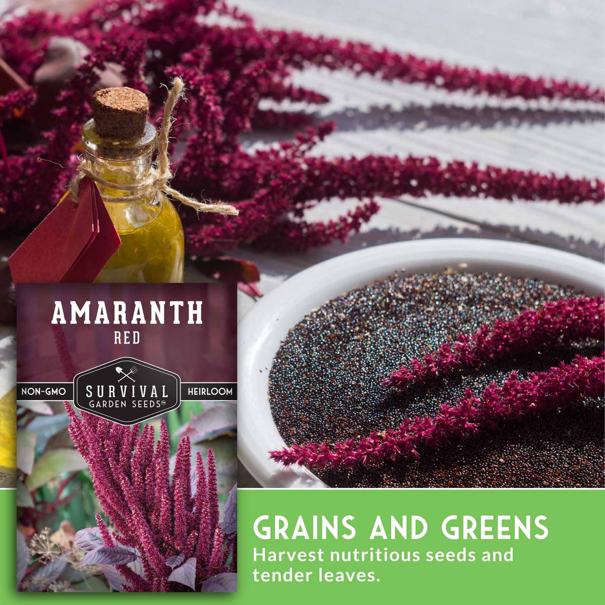 Amaranth seed packet with seeds and plants on a textured surface