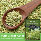 Anise seeds shown in a wooden spoon over a bed of loose seeds, with a product label for Survival Garden Seeds Sweet Licorice Flavor in the lower right.