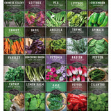 Collection of vegetable seed packets with images and names on a white background