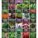 A 4x5 grid of 20 seed packet illustrations for Survival Gardens, featuring various vegetables and herbs like Chinese Celery, Lettuce, Pea, Carrot, Basil, Arugula, Thyme, Spinach, Parsley, Bunching Onion, Pansy, Radish, Pepper, Catnip, Lemon Balm, Kale, and Cilantro. Each packet shows a colorful photo of the plant in growth and harvest, with the plant name, variety, and 'Survival Gardens' brand logo.