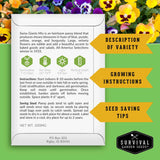 A promotional product card for Swiss Giants Mix seeds by Survival Garden Seeds, set against a green background with colorful flowers. The card contains product description, growing instructions, seed saving tips, and icons for germination, soil temp, light, and planting depth.