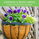 A black hanging planter with a brown coir liner, filled with purple pansies and green foliage, mounted against a wooden lattice fence. A green banner at the top reads 'HYDROPONIC & INDOOR VARIETIES' and 'Great for compact spaces & prepping'.