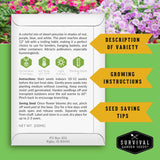 Seed packet with growing instructions and product details on a green background with flowers.