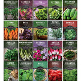 A 5x5 grid of square seed packet illustrations for Survival Seeds, showing different vegetables and herbs including Chinese Celery, Lettuce, Pea, Carrot, Basil, Arugula, Thyme, Spinach, Parsley, Bunching Onion, Petunia, Radish, Pepper, Catnip, Lemon Balm, Kale, and Cilantro.