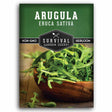 Survival Garden Seeds Arugula package with fresh arugula leaves in a wooden bowl.