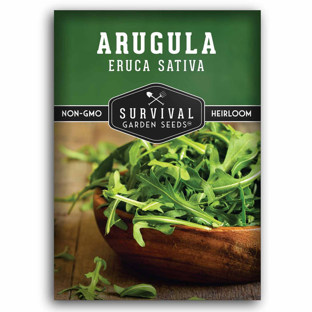Survival Garden Seeds Arugula package with fresh arugula leaves in a wooden bowl.
