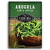 Survival Garden Seeds Arugula package with fresh arugula leaves in a wooden bowl.