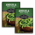 Two packages of Survival Garden Seeds Arugula with a wooden bowl of arugula.