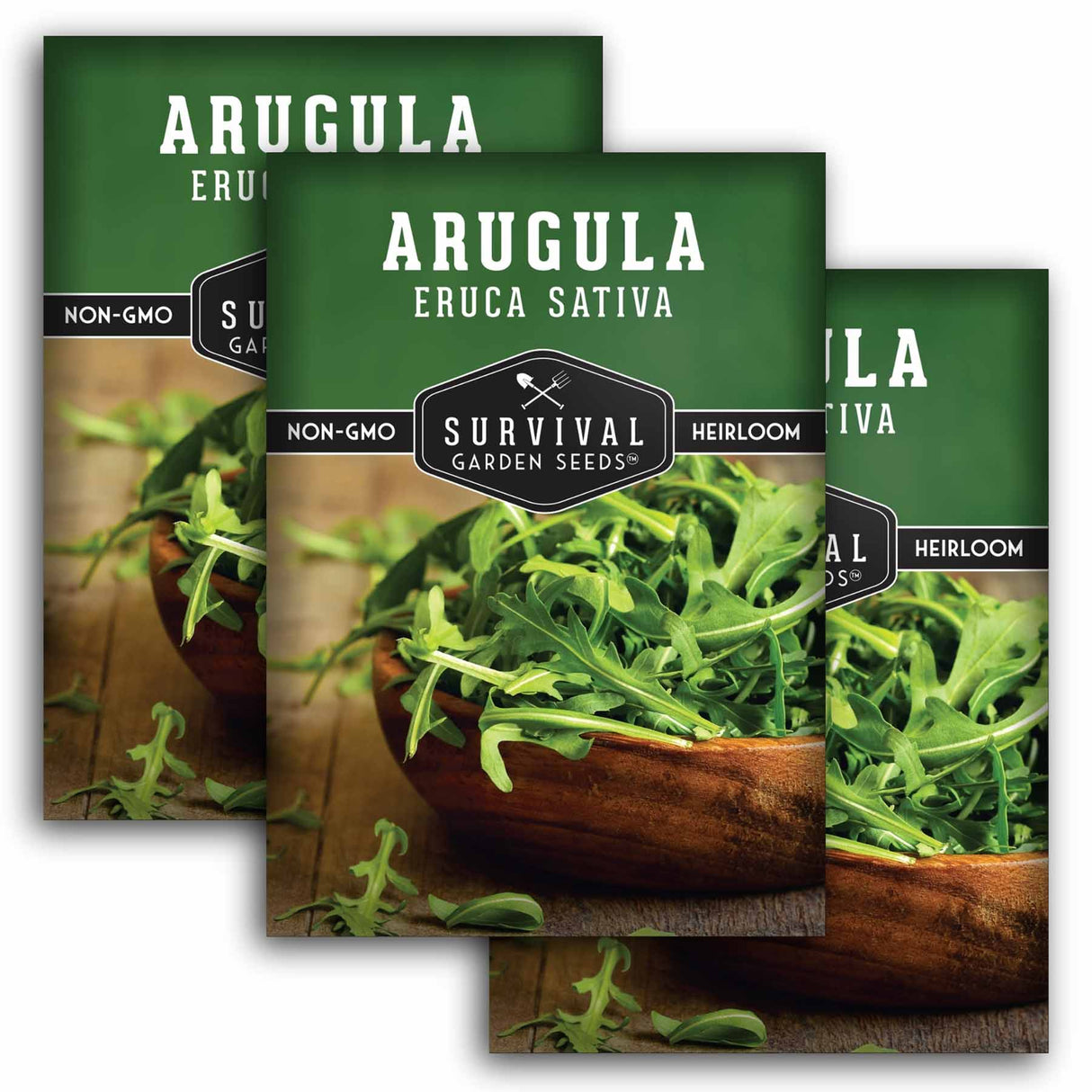 Three packages of Survival Garden Seeds Arugula on a white background