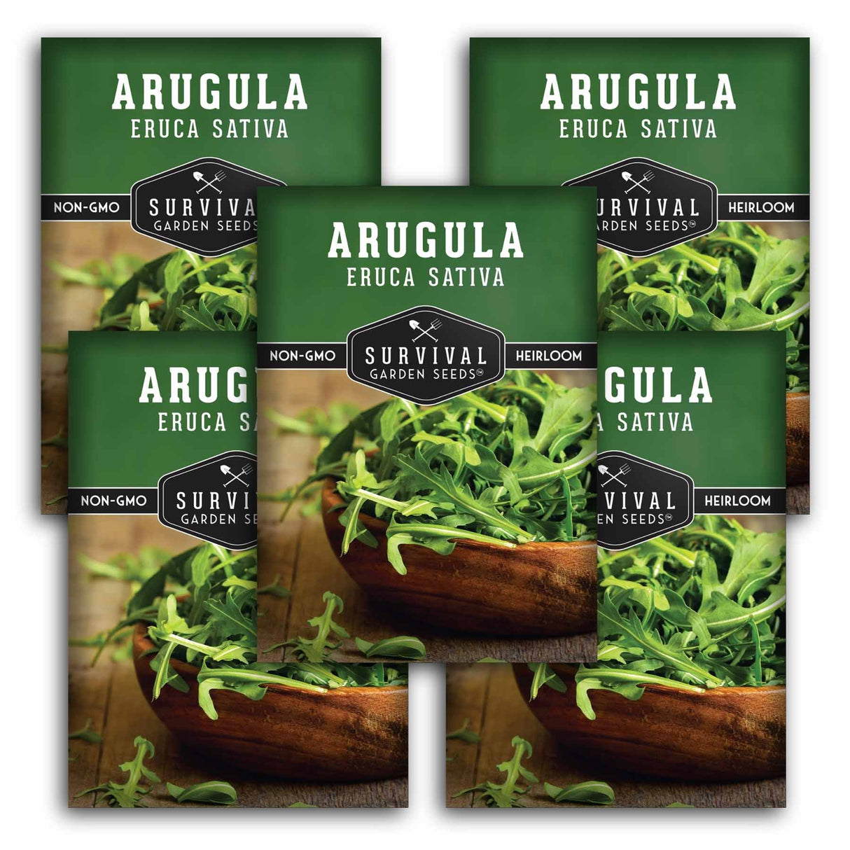 Multiple packages of Survival Garden Seeds Arugula with images of arugula in wooden bowls.